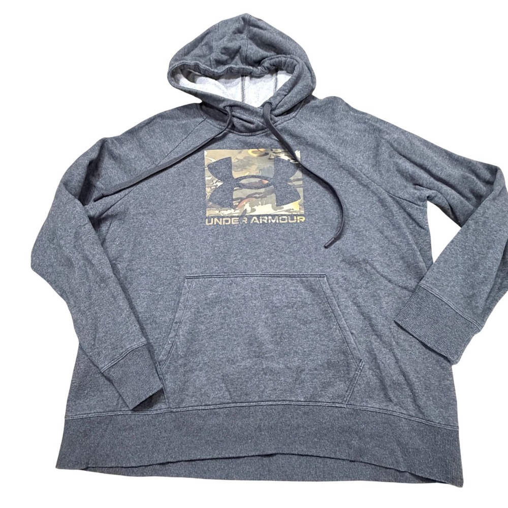 Under Armour Mens ColdGear Hoodie Gray Camo Logo Pullover Sweatshirt XL Loose